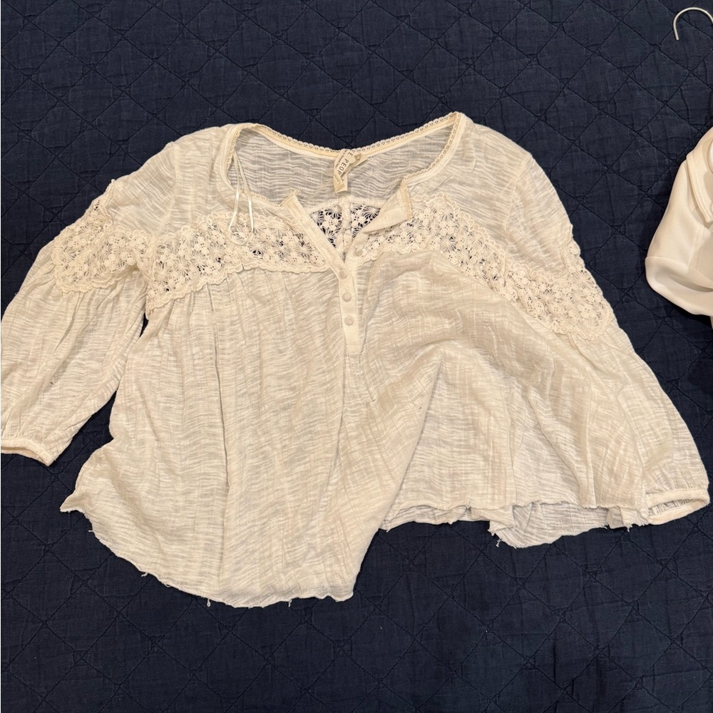 Free People white Crochet Accent Blouse